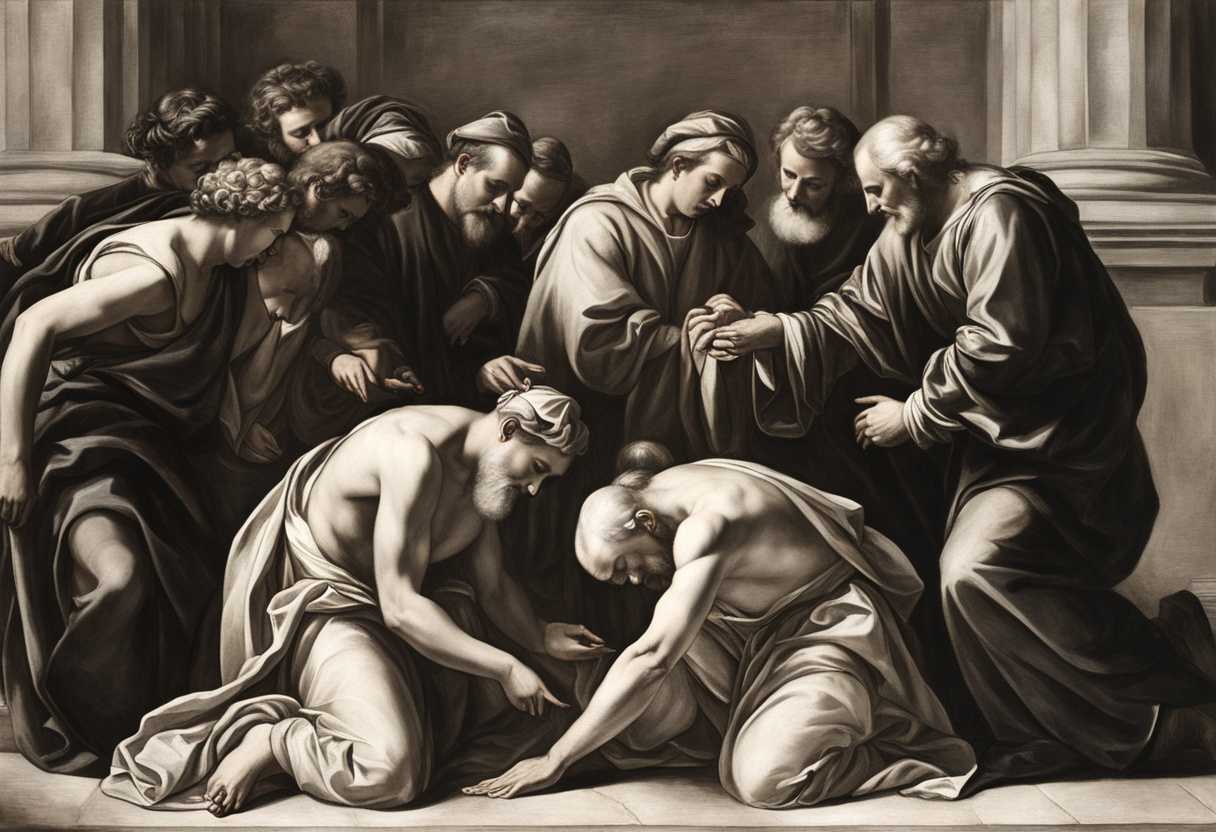 Diverse-group-bowing-to-a-figure-showing-respect-and-submission-receiving-both-blessings-and-curse_vhzq
