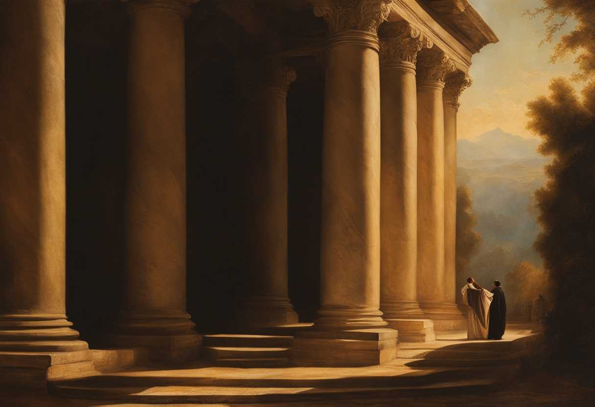 Person-stands-in-warm-light-by-ancient-stone-pillar-embodying-reverence-and-devotion-to-the-divine_evfh