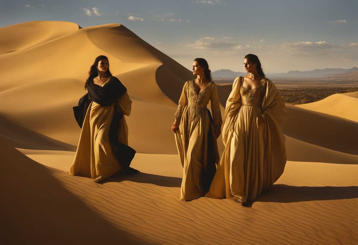 Three-figures-stand-in-the-desert-bathed-in-golden-sunlight-exuding-regal-grace-and-timeless-beaut_kogd