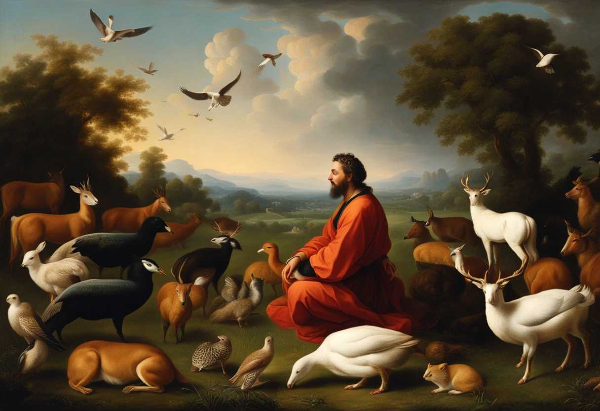 Man-meditates-in-a-field-surrounded-by-diverse-animals-and-birds-embodying-harmony-with-nature_hgcv