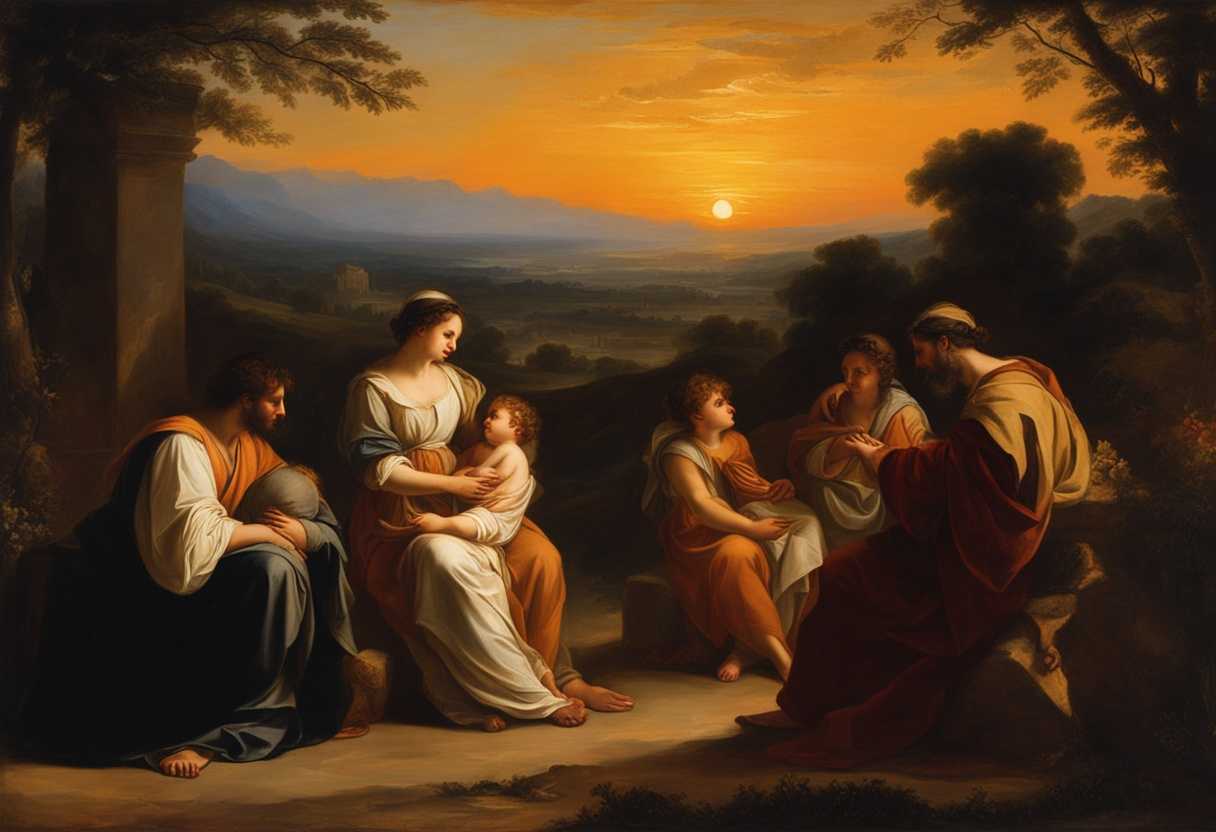 Emotional-biblical-family-farewell-at-sunset-Rachel-holding-Joseph-Jacob-conversing-with-Laban_gkin
