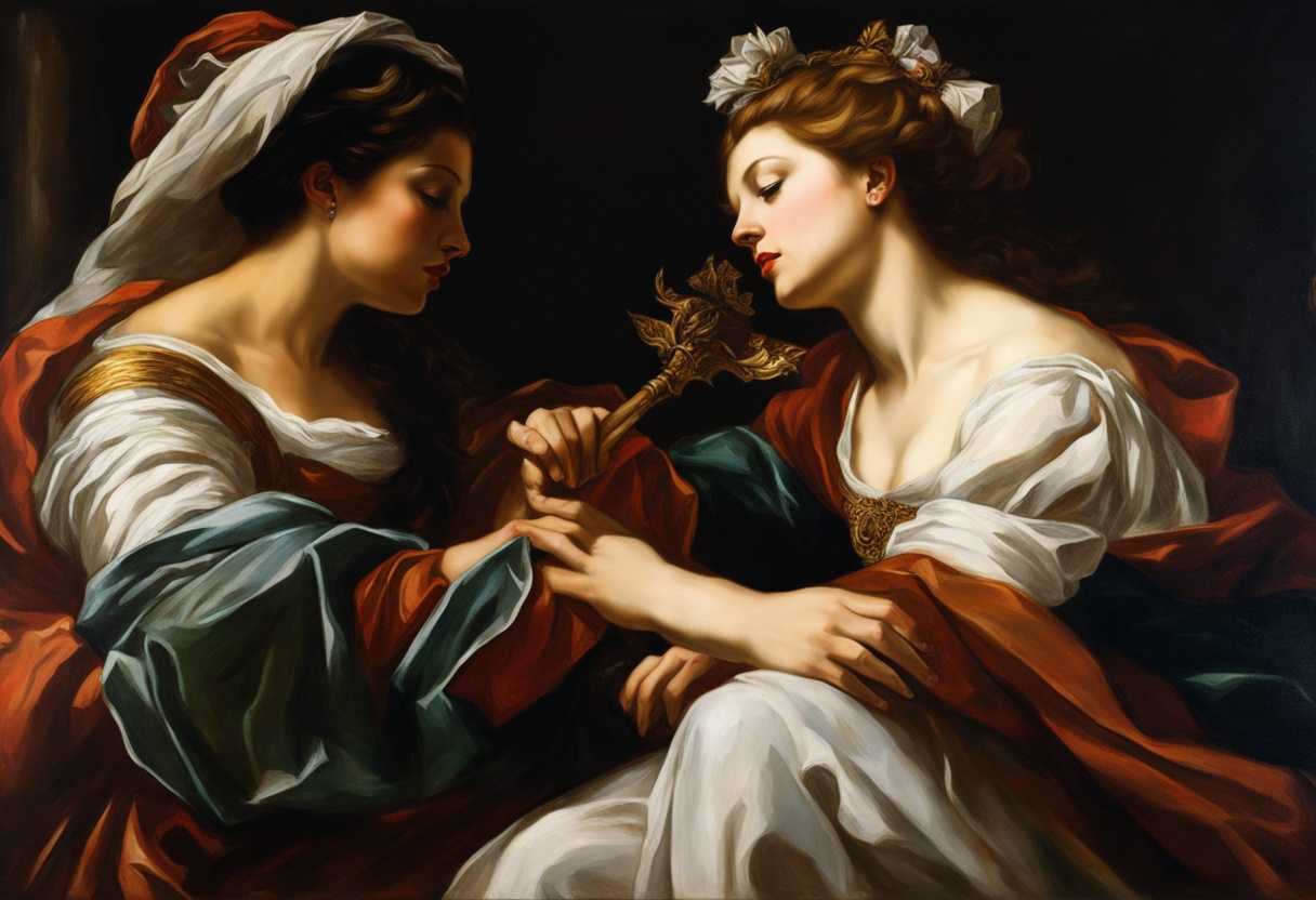 Regal-woman-and-servant-in-dramatic-pose-rich-colors-power-dynamics-contrasting-figures_cnul