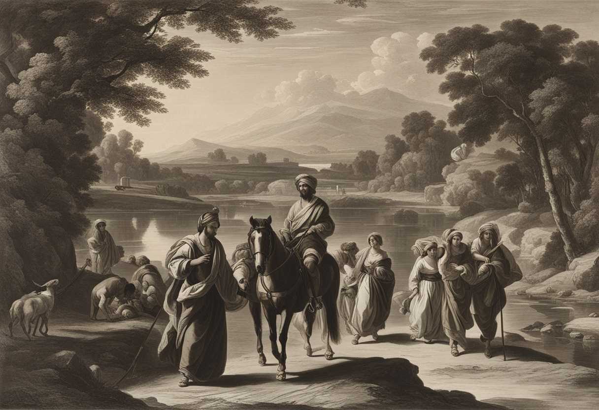 Jacob-and-his-family-flee-Laban-with-their-belongings-crossing-the-Euphrates-towards-Gilead_wmmk
