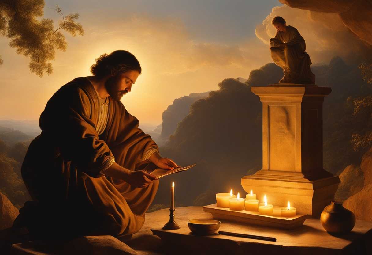 Man-builds-altar-at-sunset-face-serene-surrounded-by-warm-light-a-testament-of-faith_pdlb