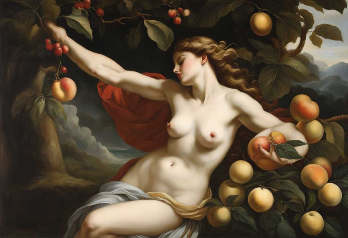 Eve-reaching-for-forbidden-fruit-Adam-resigned-soft-light-through-leaves-banishment-from-paradise_yqdo