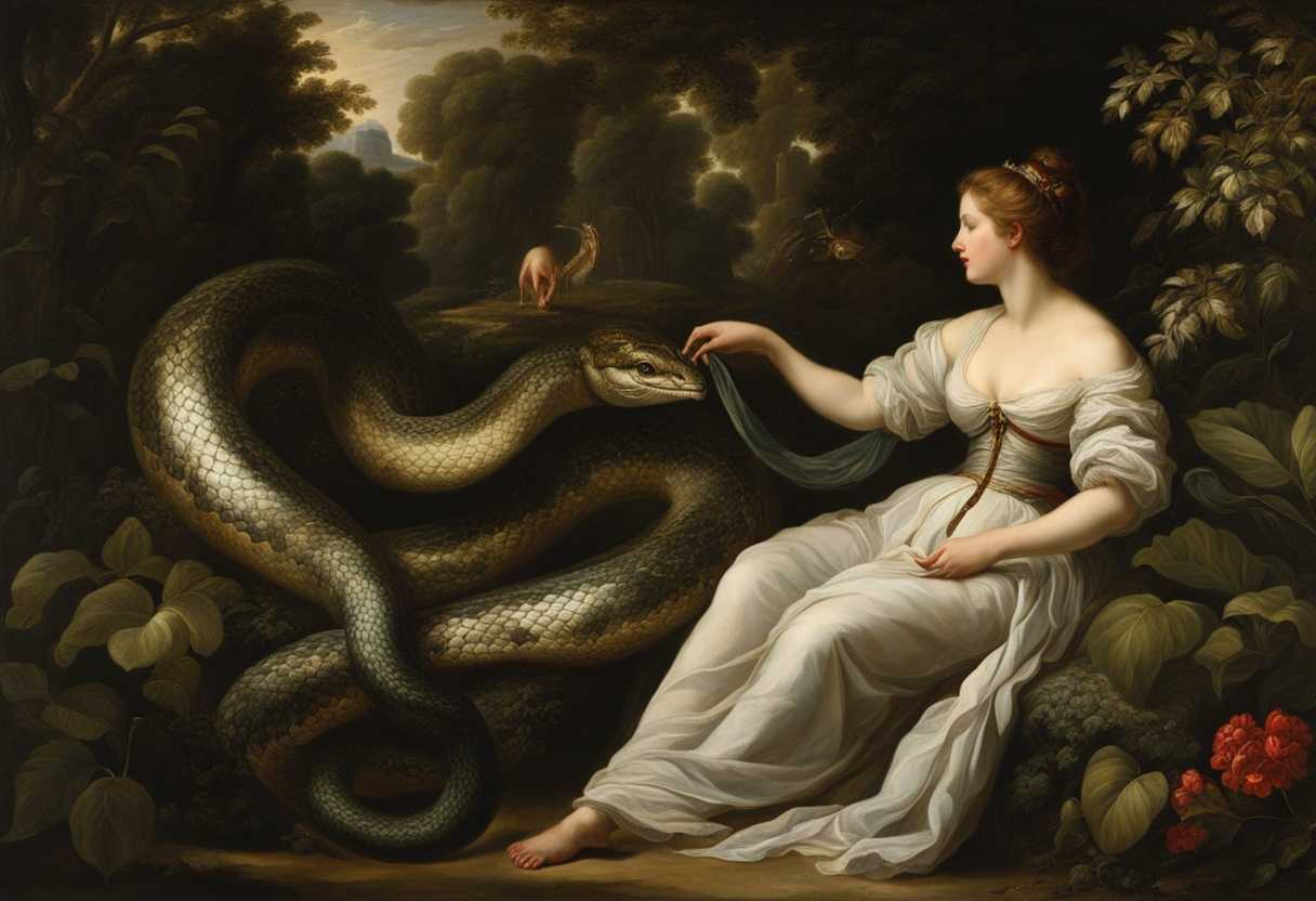 A-woman-and-a-serpent-in-a-garden-bathed-in-dramatic-light-surrounded-by-lush-foliage_hacz