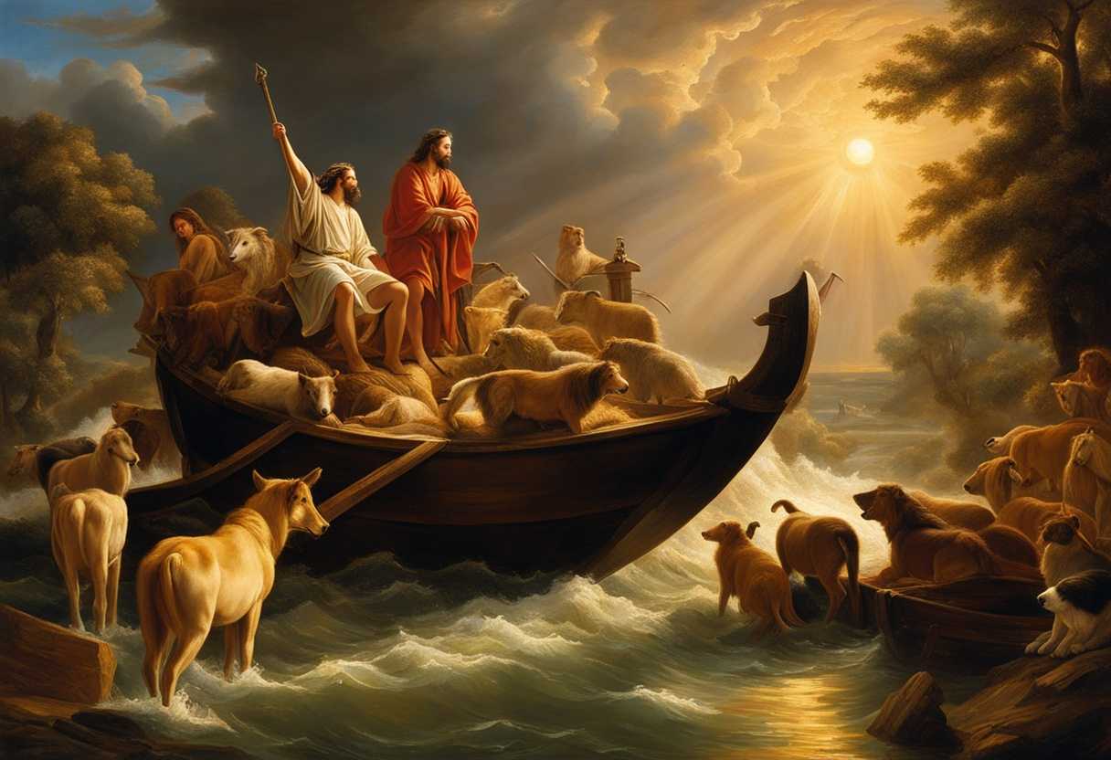 Noah-and-animals-on-the-ark-after-the-storm-bathed-in-warm-light-peaceful_vclf
