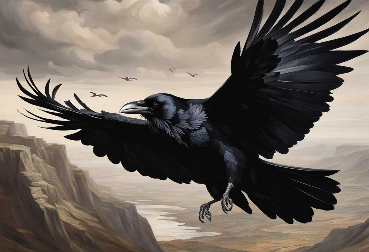 A-raven-soars-over-a-desolate-landscape-its-dark-wings-contrasting-with-the-stillness-below_bnwe