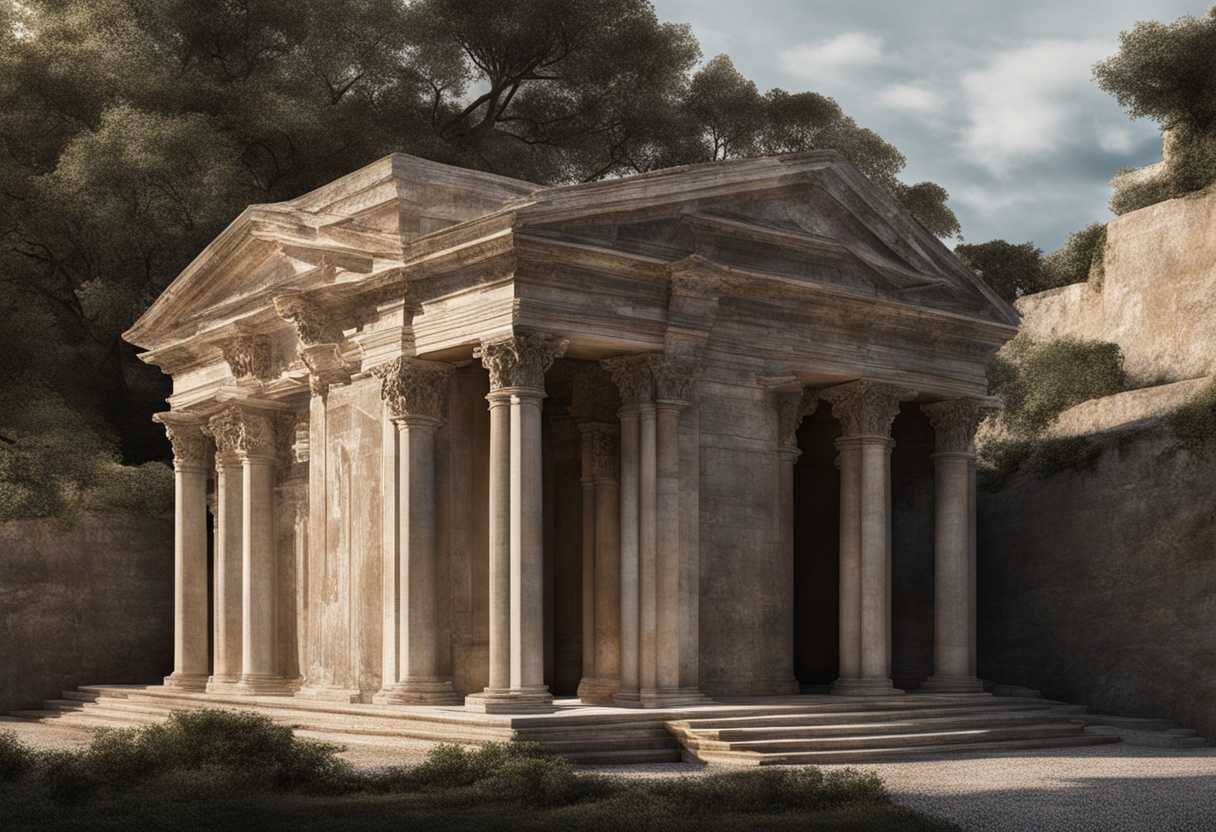 A-weathered-stone-structure-stands-gracefully-embodying-silent-strength-and-resilience-in-shifting-_onhq