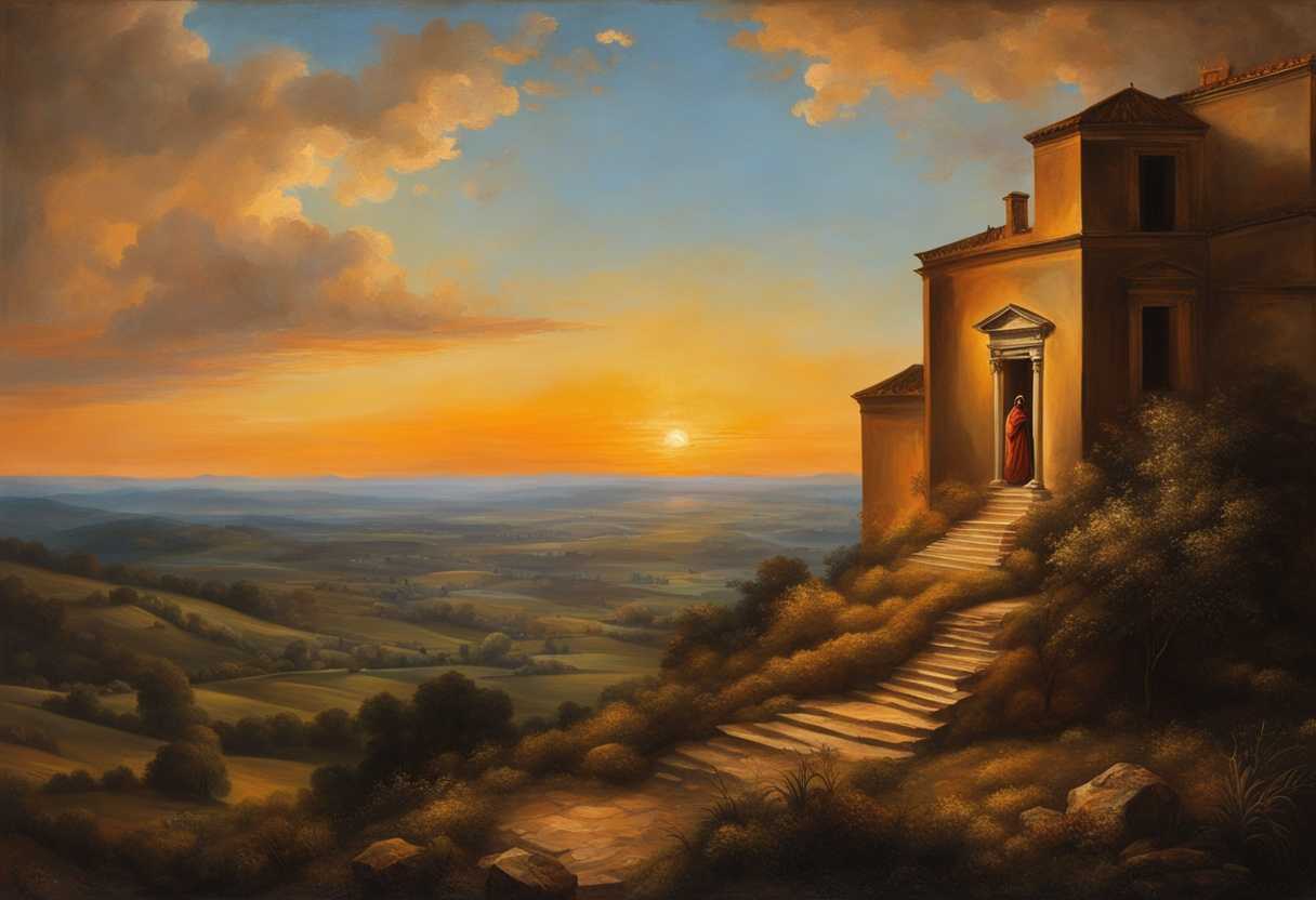 Confident-figure-stands-before-secure-home-on-high-ground-bathed-in-warm-sunset-glow_qhkz