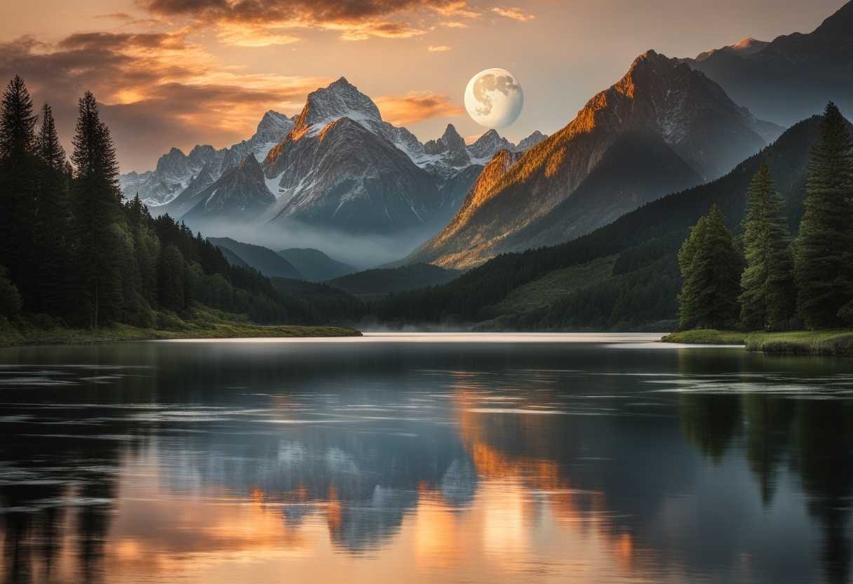 A-serene-lake-reflecting-towering-mountains-under-the-watchful-gaze-of-the-sun-and-moon_ddpw