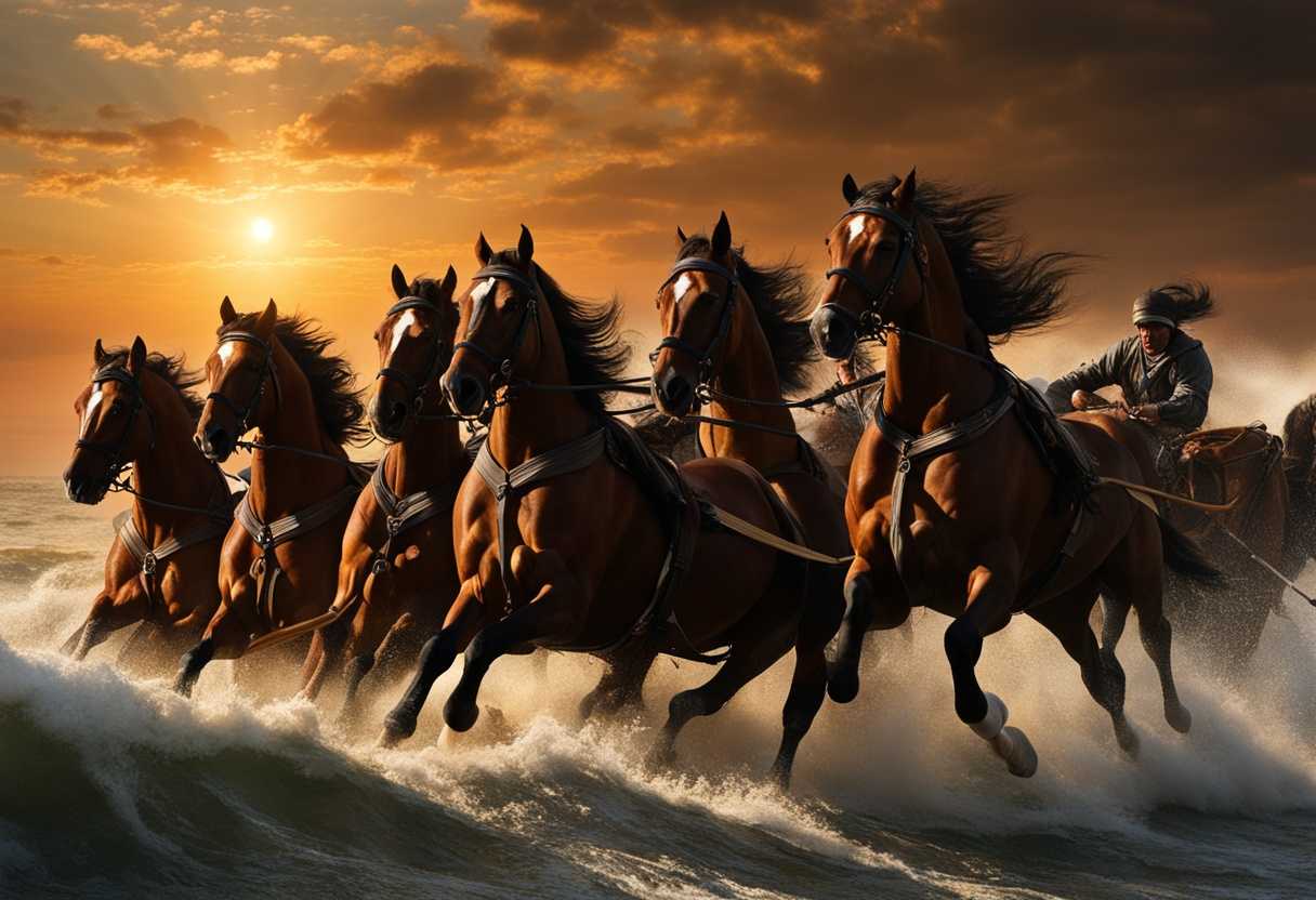 A-chariot-pulled-by-powerful-horses-races-towards-the-setting-sun-over-a-raging-sea_lype