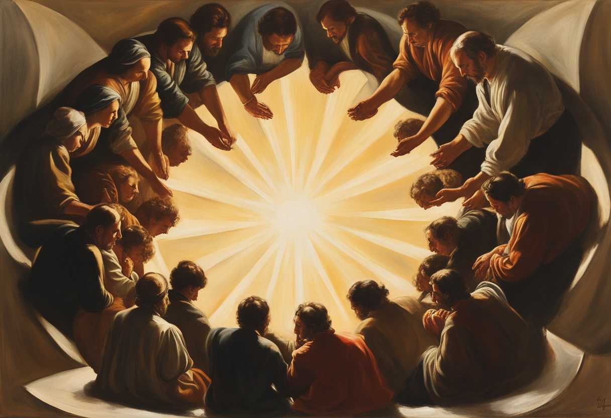 People-in-a-circle-heads-bowed-in-contemplation-sunlight-casting-a-warm-glow-fostering-unity-and-_oope