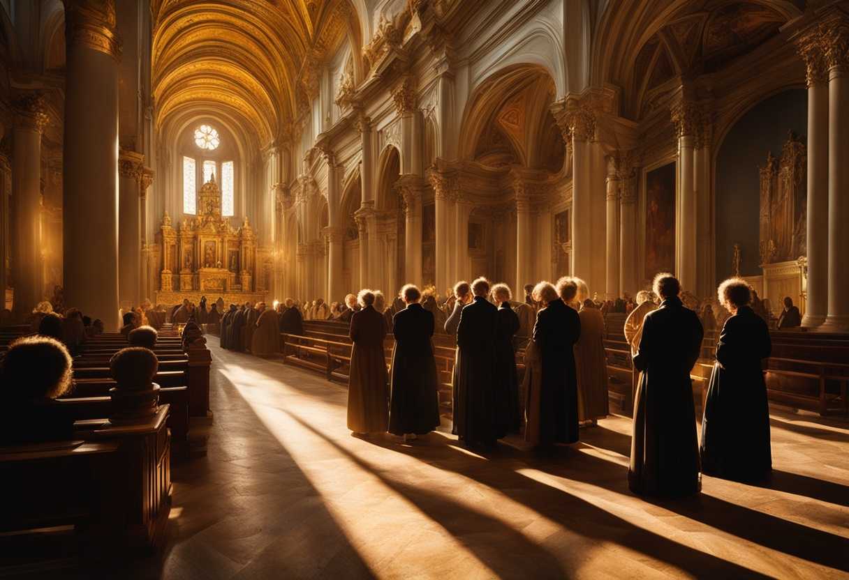 People-in-a-church-bathed-in-golden-light-heads-bowed-in-prayer-feeling-spiritual-connection_wzva