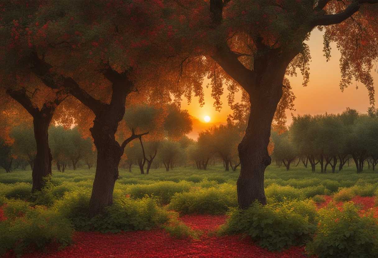 A-lush-orchard-at-sunset-tall-trees-with-ruby-fruit-reaching-tendrils-dancing-leaves_meop