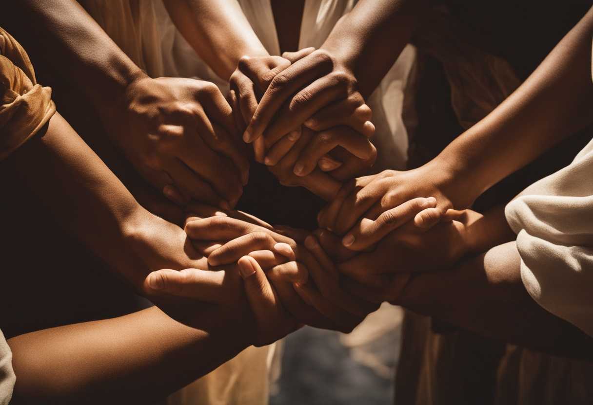 People-in-prayer-circle-under-sunlight-hands-clasped-serene-expressions-feeling-unity-and-peace_dfou