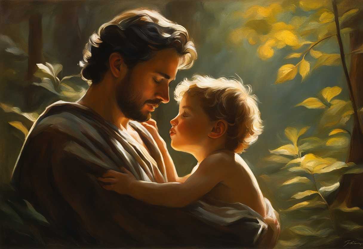 Father-and-son-share-a-tender-moment-in-a-sunlit-forest-clearing-embodying-love-and-guidance_imvb
