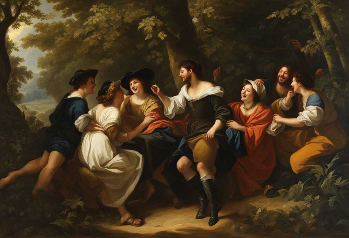 A-group-of-friends-laughing-and-chatting-in-a-sunlit-forest-clearing_izxa