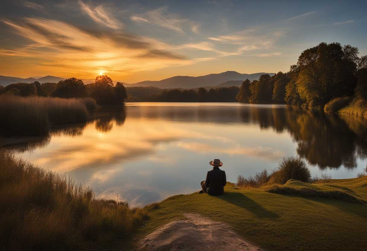A-lone-figure-gazes-over-tranquil-lake-at-sunset-immersed-in-peaceful-solitude_mzxc