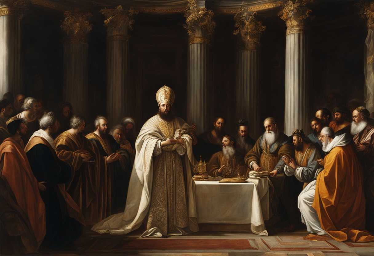 High-priest-in-ornate-robes-performs-sacred-rituals-surrounded-by-reverent-men-in-prayer_stax