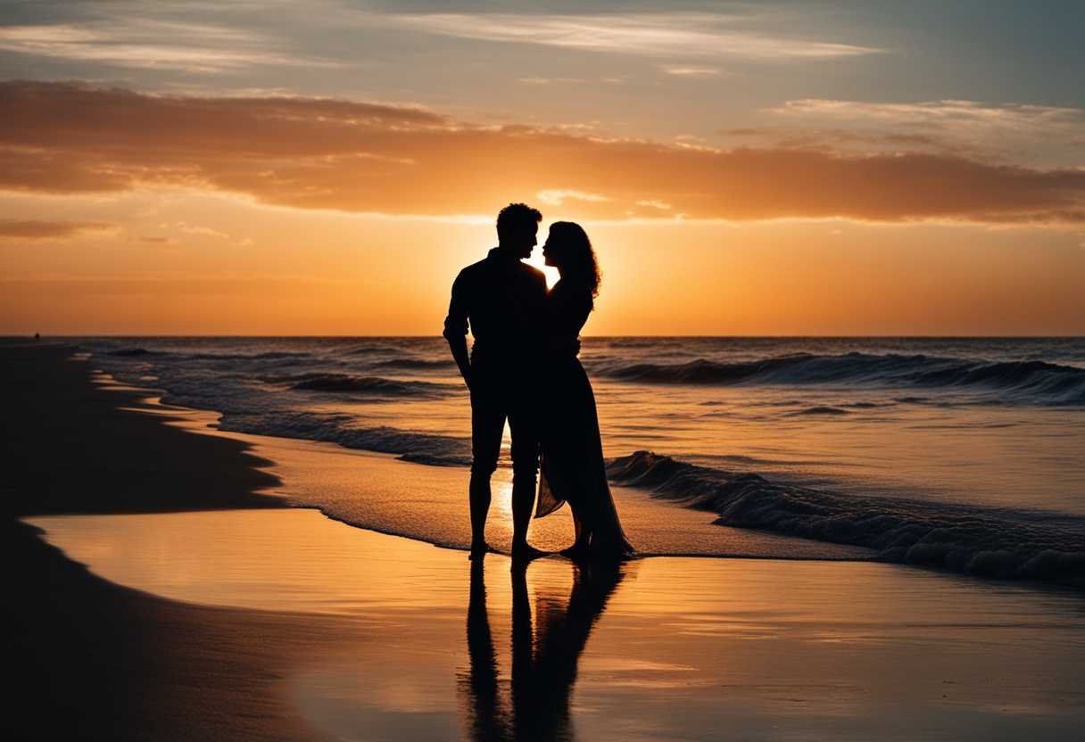 Couple-silhouettes-embrace-at-sunset-on-a-serene-beach-surrounded-by-tranquil-waves_moos
