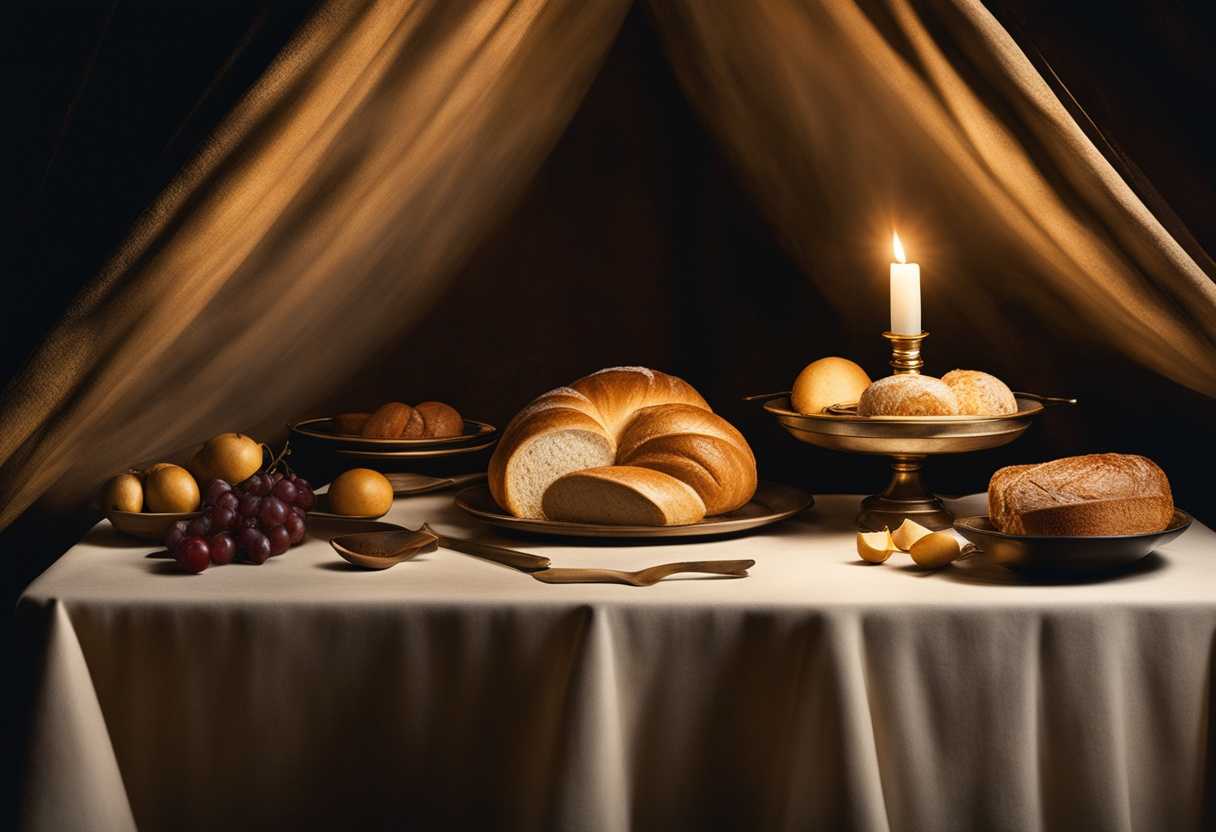In-a-dimly-lit-sacred-tent-a-flickering-lamp-illuminates-a-table-with-bread-evoking-reverence-and-_sqfe