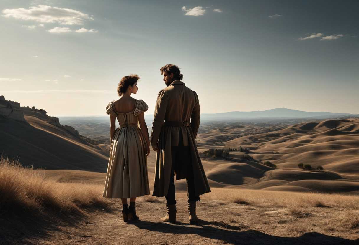 A-rugged-man-and-delicate-woman-stand-apart-in-a-desolate-landscape-under-harsh-sunlight_iohi