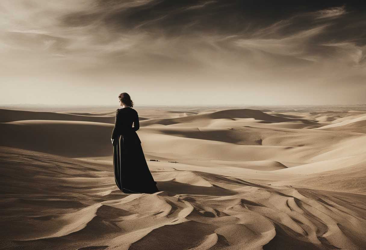 A-woman-stands-alone-in-a-barren-wasteland-reaching-out-to-distant-figures-with-longing_dexo