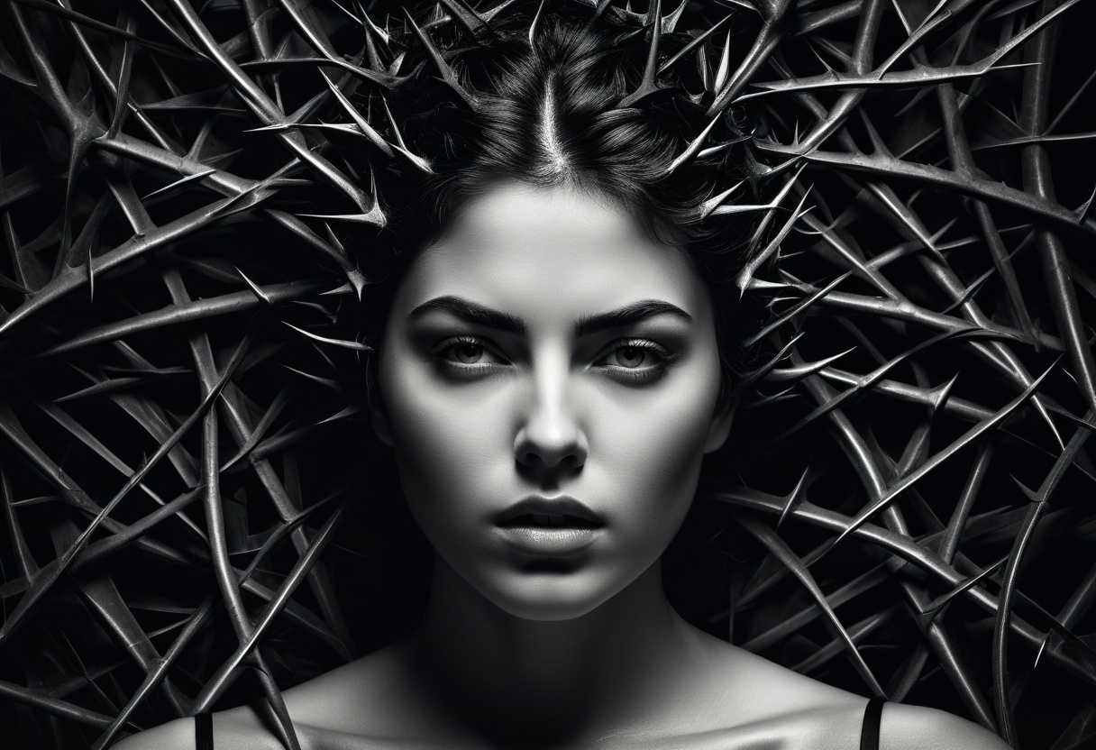 A-woman-faces-a-towering-wall-of-thorns-embodying-determination-and-resilience-in-the-shadows_vmmb