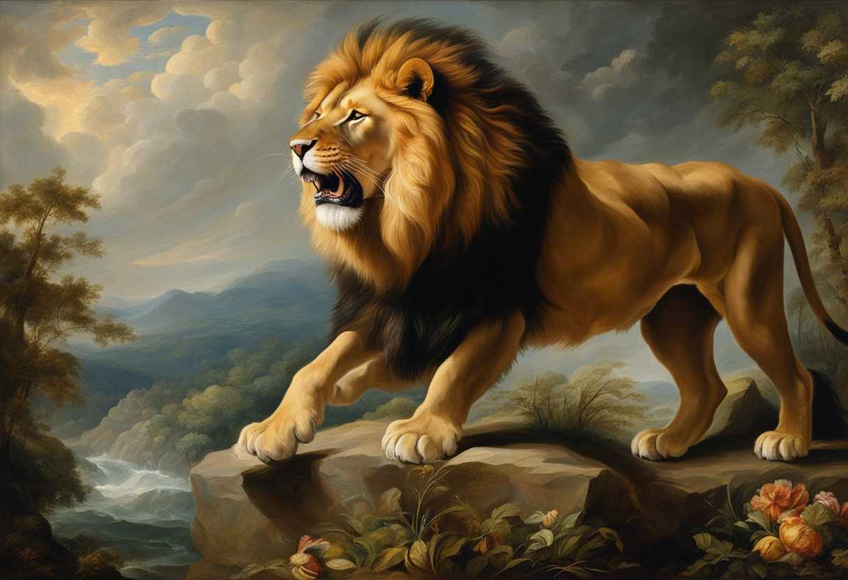 A-majestic-lion-roars-as-distressed-people-seek-refuge-amidst-nature's-fury_ewus