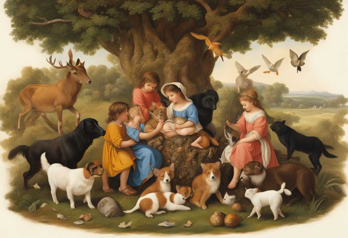 A-peaceful-gathering-of-diverse-animals-and-children-around-a-symbolic-tree-stump_goco