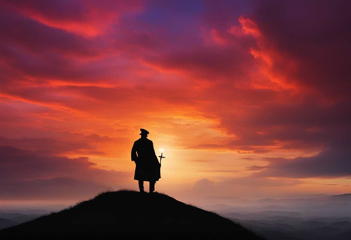Solitary-figure-on-hill-signals-at-sunset-silhouette-against-vibrant-sky-urgent-message-in-vast-la_fbeu