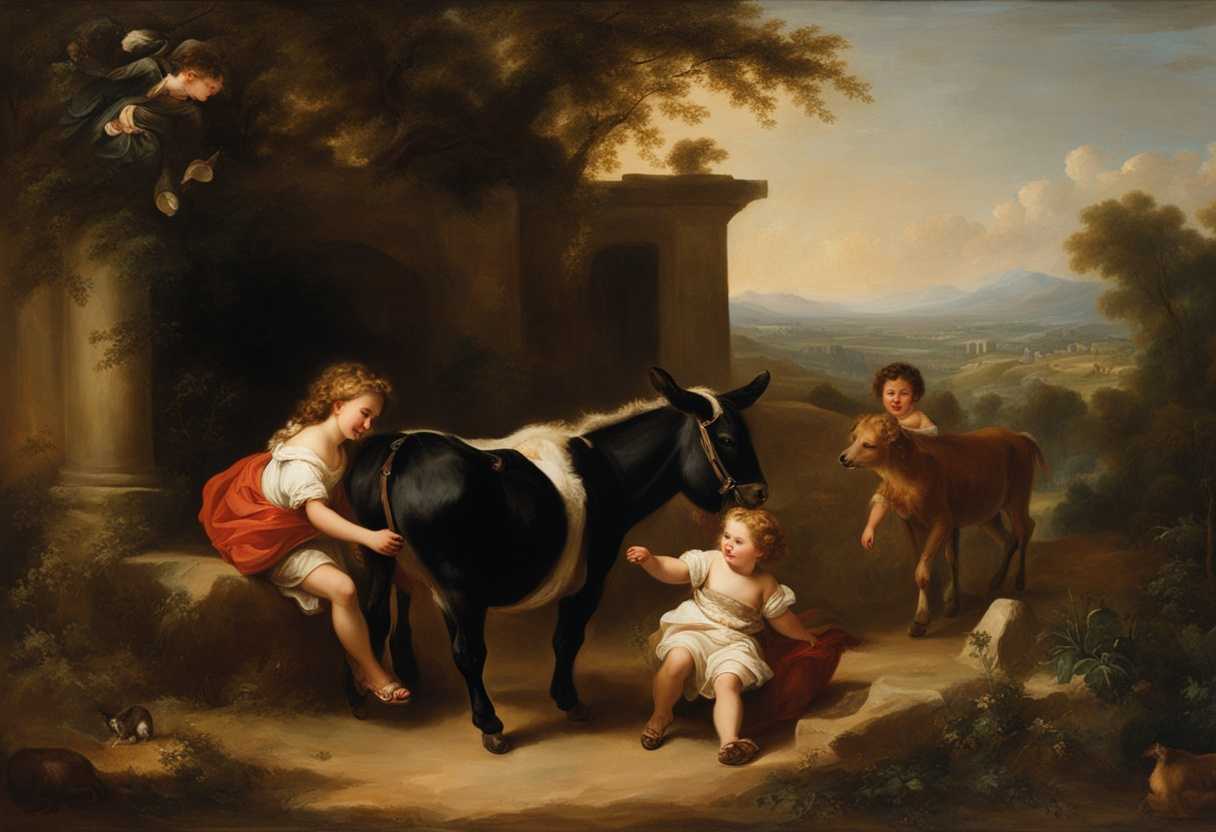 Children-laughing-playing-with-ox-and-donkey-in-serene-nostalgic-scene-of-natural-beauty_btau