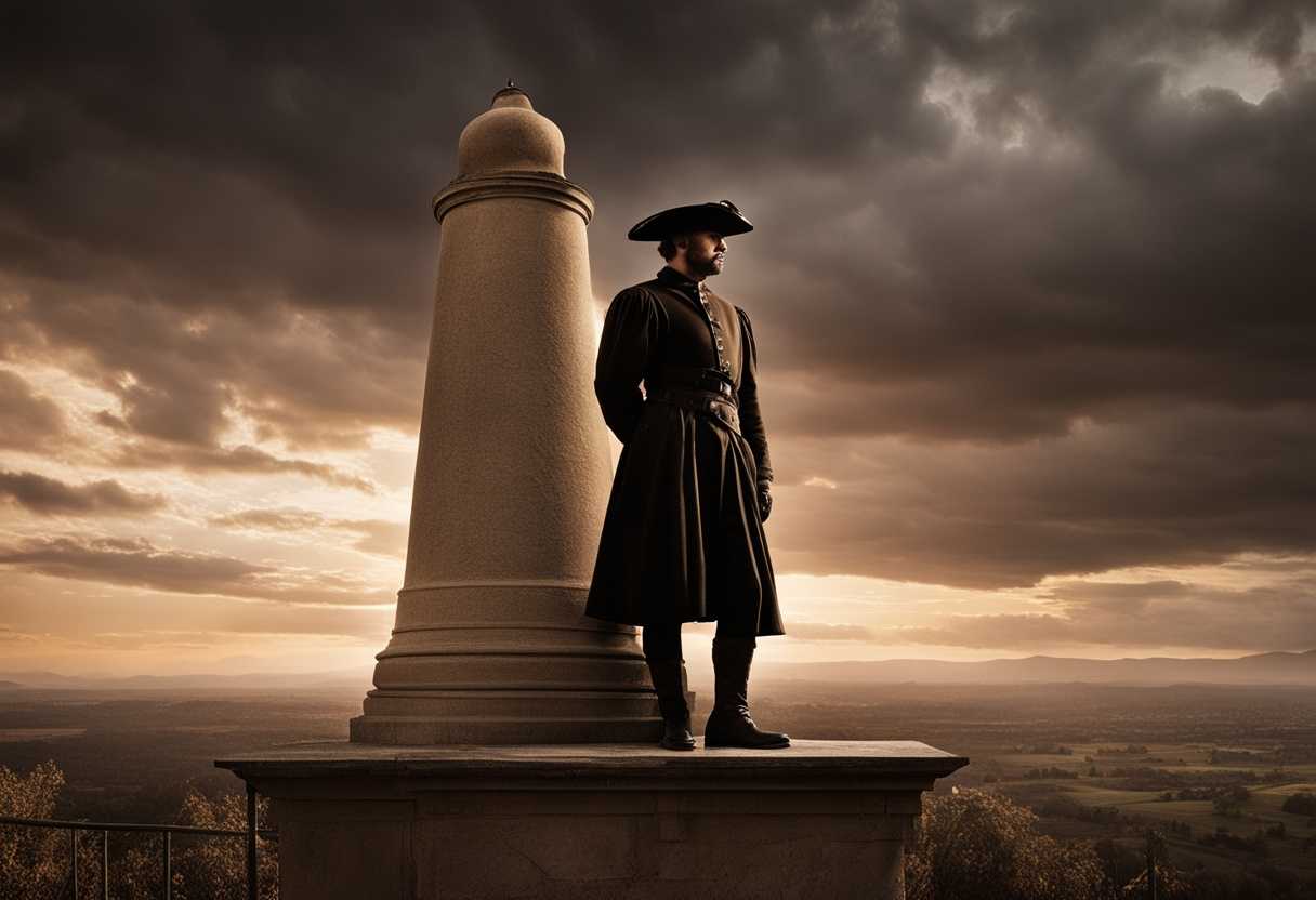 A-watchman-stands-alone-on-a-tower-at-sunset-gazing-into-the-distance-with-determination_qbty