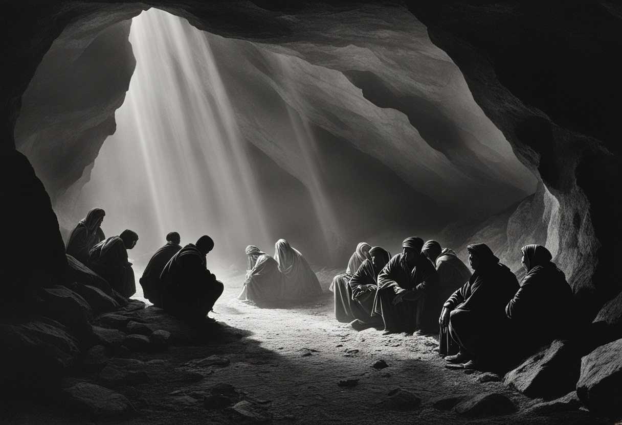 Refugees-huddled-in-caves-eyes-wide-with-fear-shadows-cast-by-stark-light_qehc