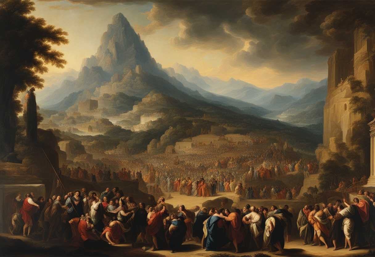 A-diverse-crowd-stands-united-at-the-base-of-a-towering-mountain-seeking-divine-wisdom_kmmn