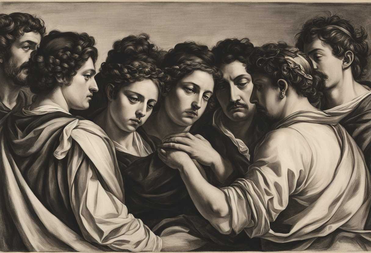 A-tense-group-of-people-huddled-together-avoiding-eye-contact-displaying-resistance-and-denial_idyy