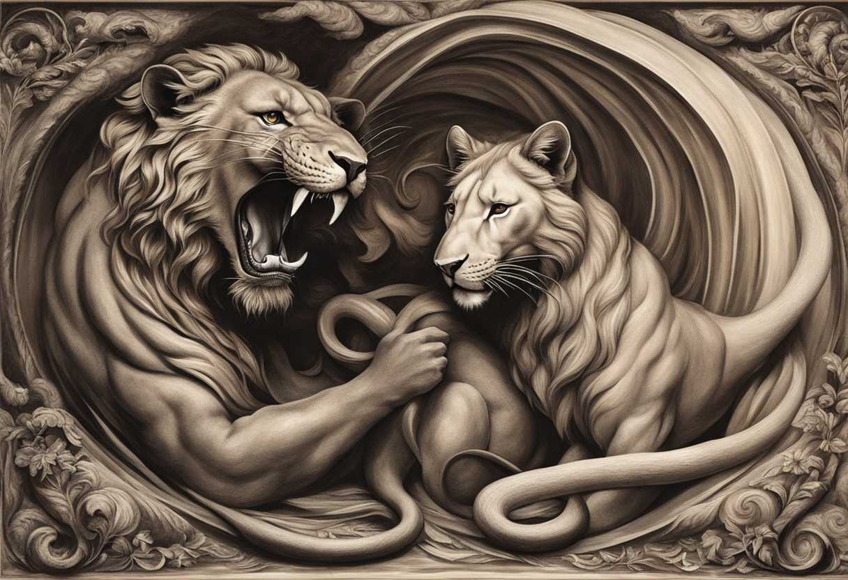 A-lioness-and-lion-face-a-dangerous-adder-while-a-fiery-serpent-flies-overhead_viwn