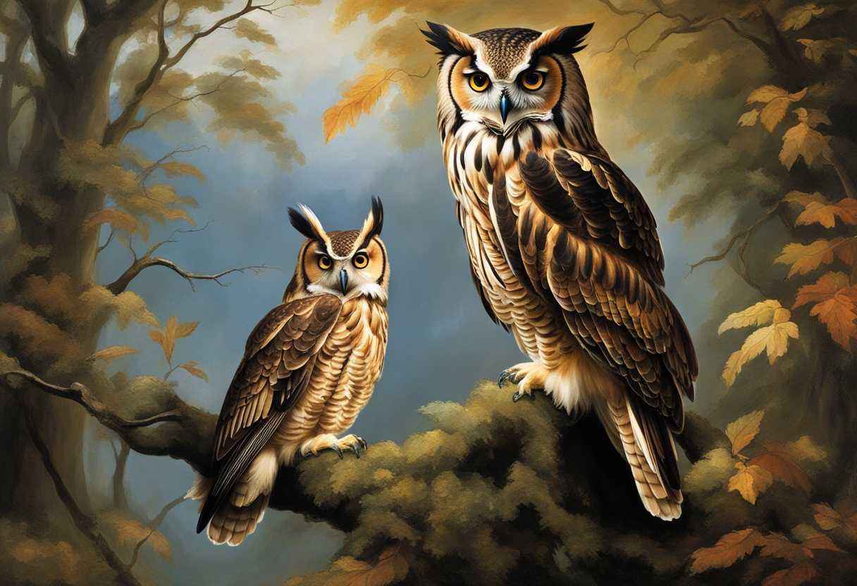 Majestic-owl-shelters-young-as-hawks-soar-gracefully-in-pairs-against-the-sky_lygf