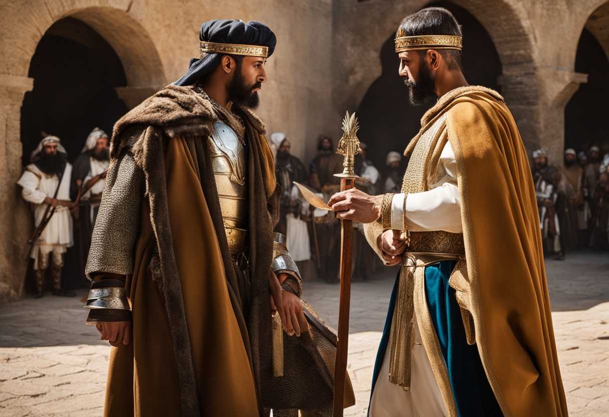 Tense-historical-reenactment-King-Hezekiah-faces-off-with-Assyrian-king's-messenger-in-fortified-ci_wcip
