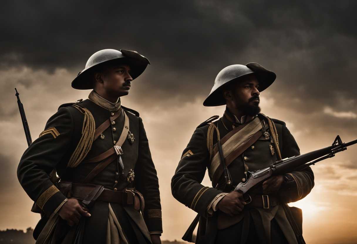 Soldiers-stand-in-the-fading-light-dusty-uniforms-exuding-authority-and-bravery-before-battle_zzrj