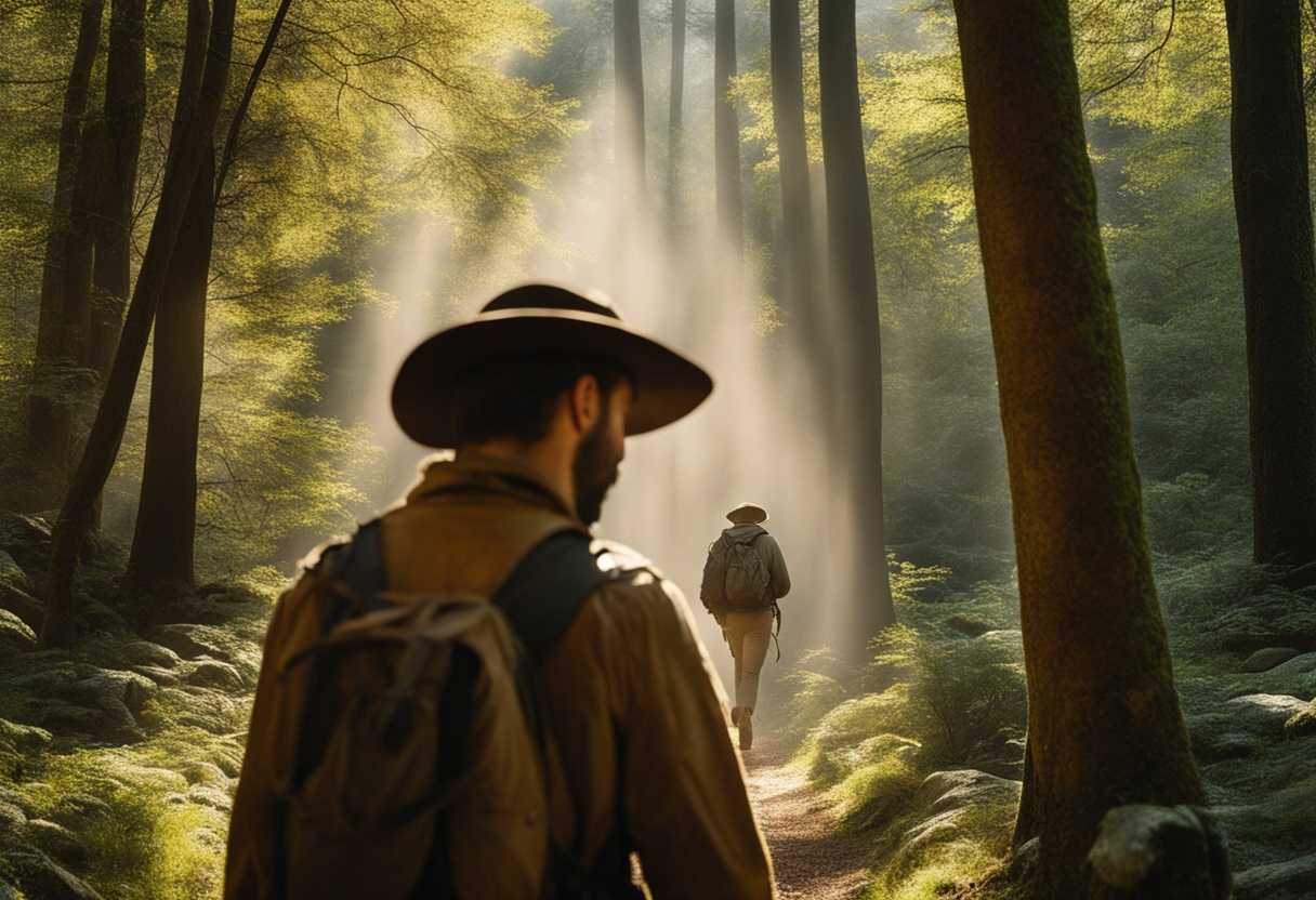 Confident-explorer-walks-through-dappled-forest-sunlight-casting-shadows-symbolizing-adventure-and_ytyf