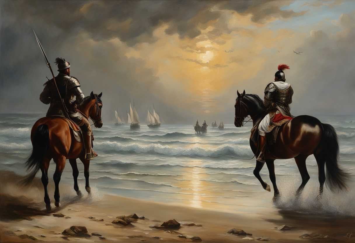A-lone-warrior-stands-on-a-tranquil-beach-watching-a-fleet-of-majestic-horses-emerge-from-the-sea_bbul
