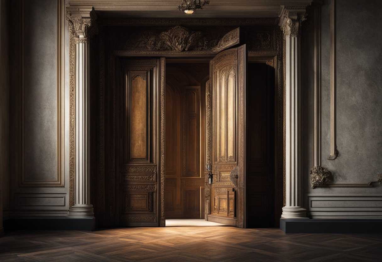 A-lone-figure-stands-before-a-majestic-ancient-door-in-a-dimly-lit-room_rdpc