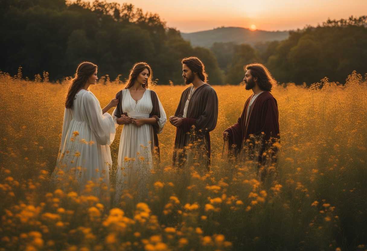 Serene-biblical-figures-in-a-wildflower-field-at-sunset-exuding-peace-and-natural-beauty_smqn