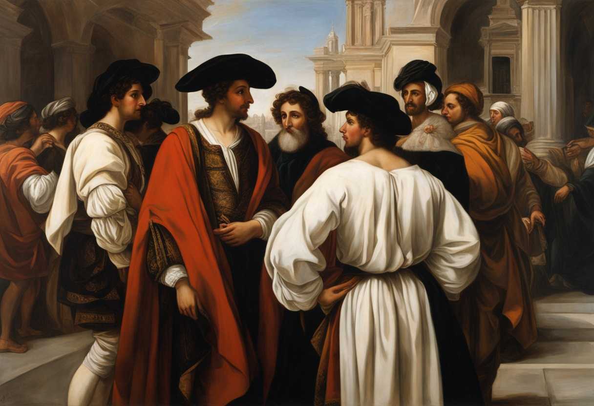 A-man-in-traditional-attire-stands-with-a-group-deep-in-conversation-amidst-a-bustling-city_wmsd