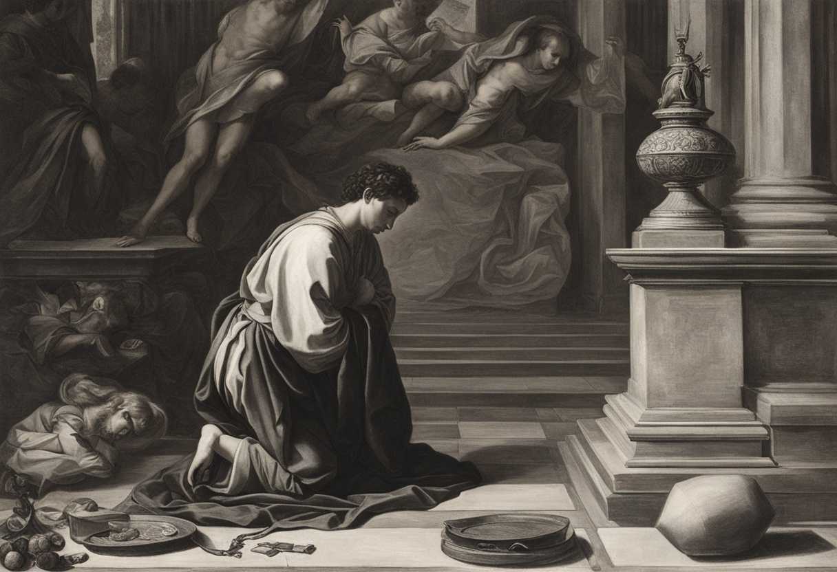 A-man-kneeling-in-prayer-surrounded-by-symbols-of-sacrifice-and-divine-guidance_ibbm
