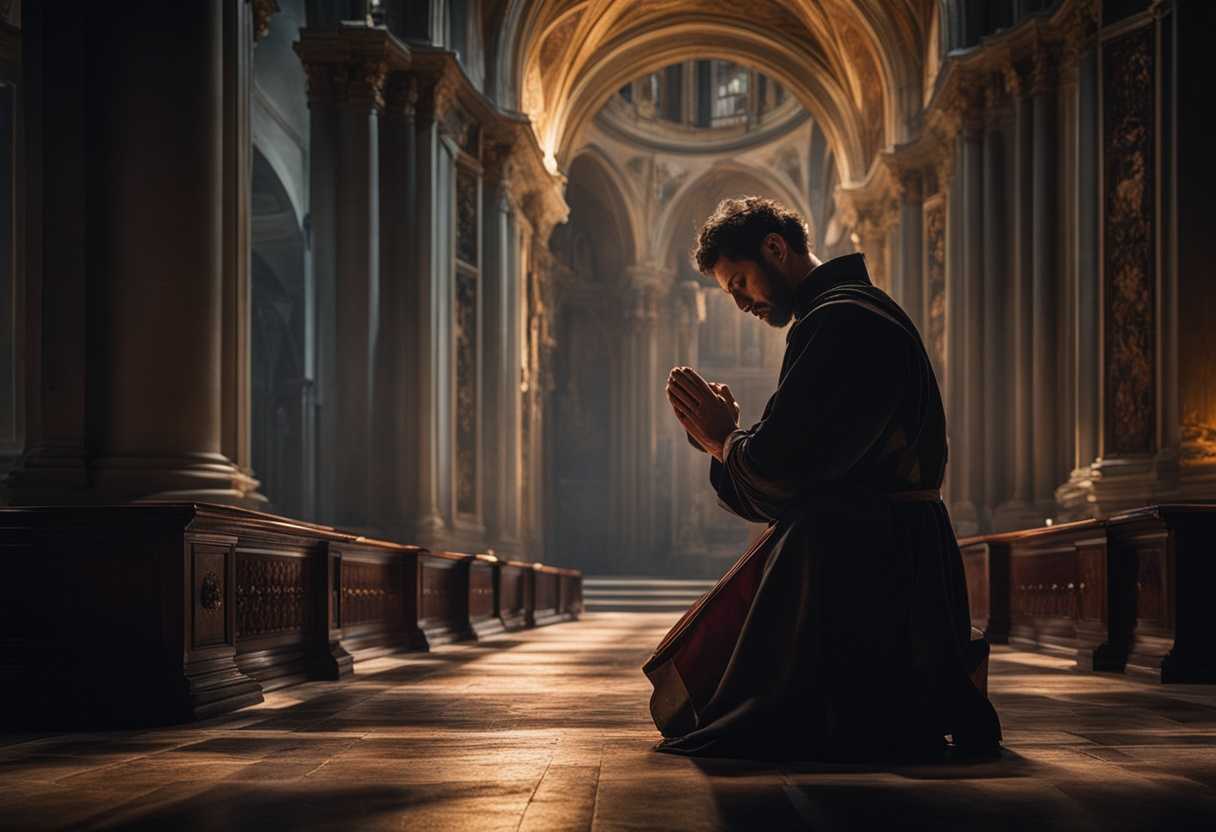 A-man-kneels-in-a-dimly-lit-church-seeking-forgiveness-with-intense-emotion_bckt