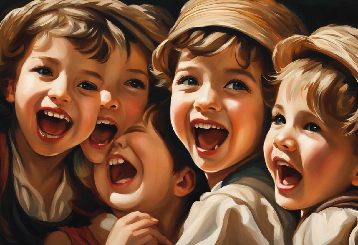 Children-in-a-row-laughing-with-mouths-open-sticking-out-tongues-playfully-in-sunlight_hgpq