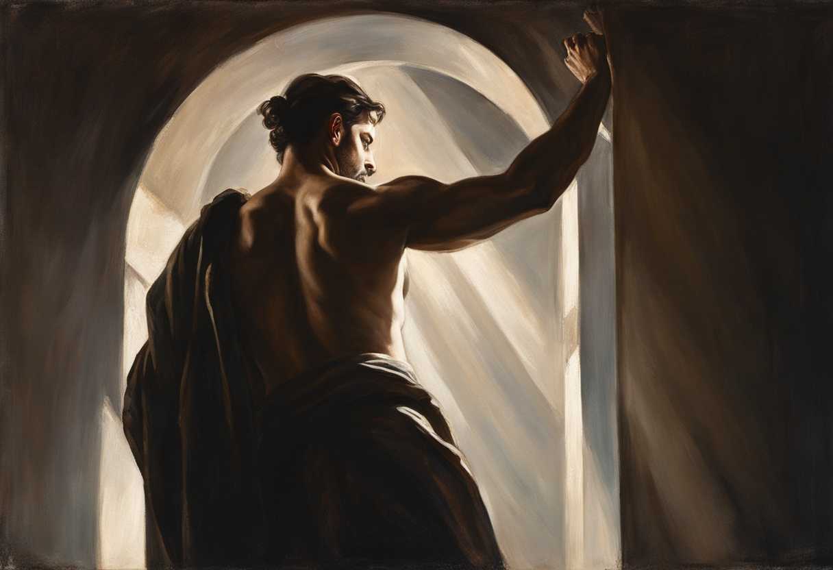 A-man-stands-in-dramatic-lighting-arm-raised-in-contemplation-seeking-salvation-in-shadows_zxzd